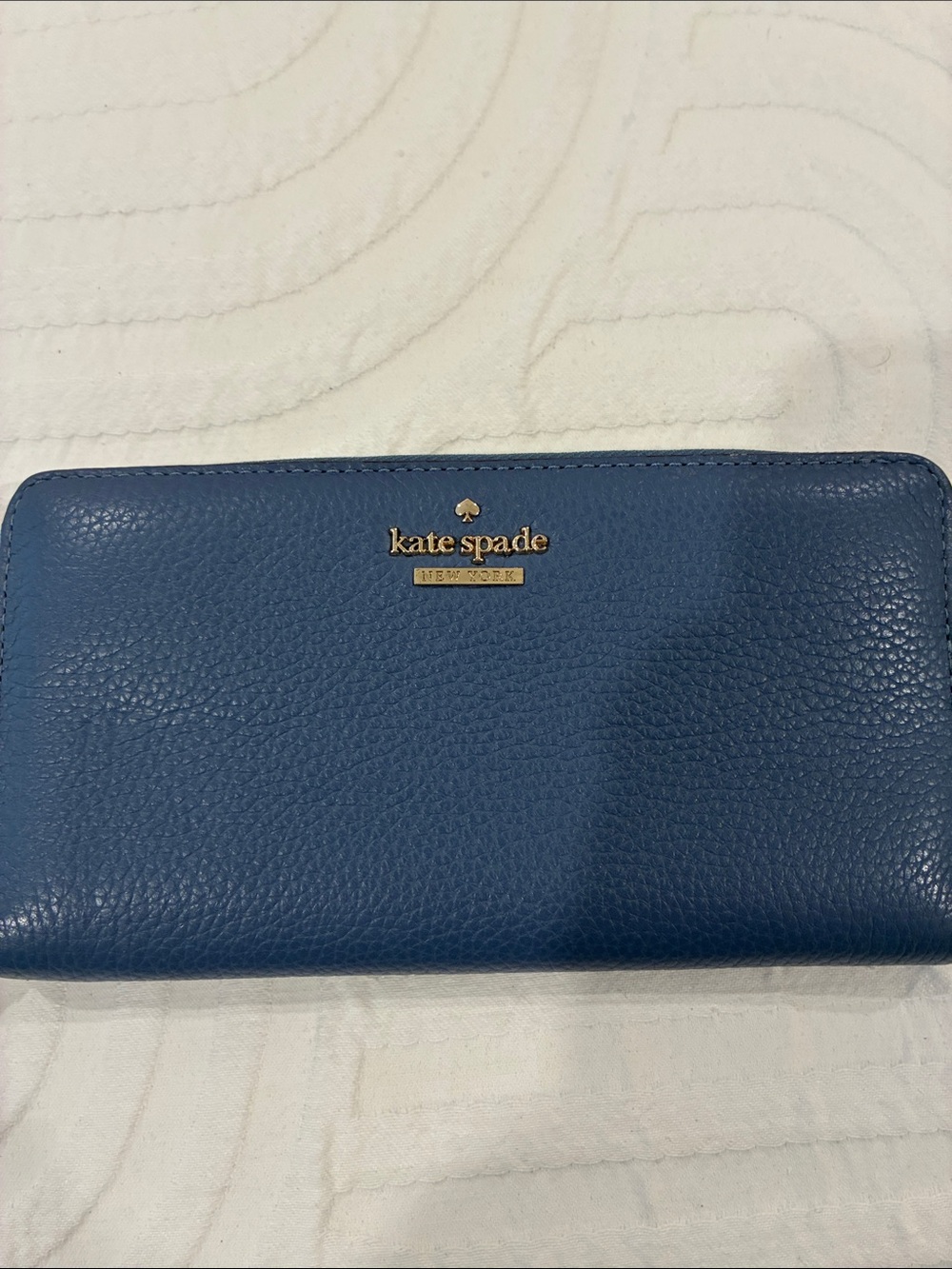 kate spade Blue Pebbled Leather Zip Wallet with Gold Logo